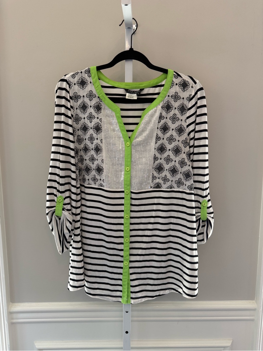 Striped Black & White Button-Up Top with Lime Trim